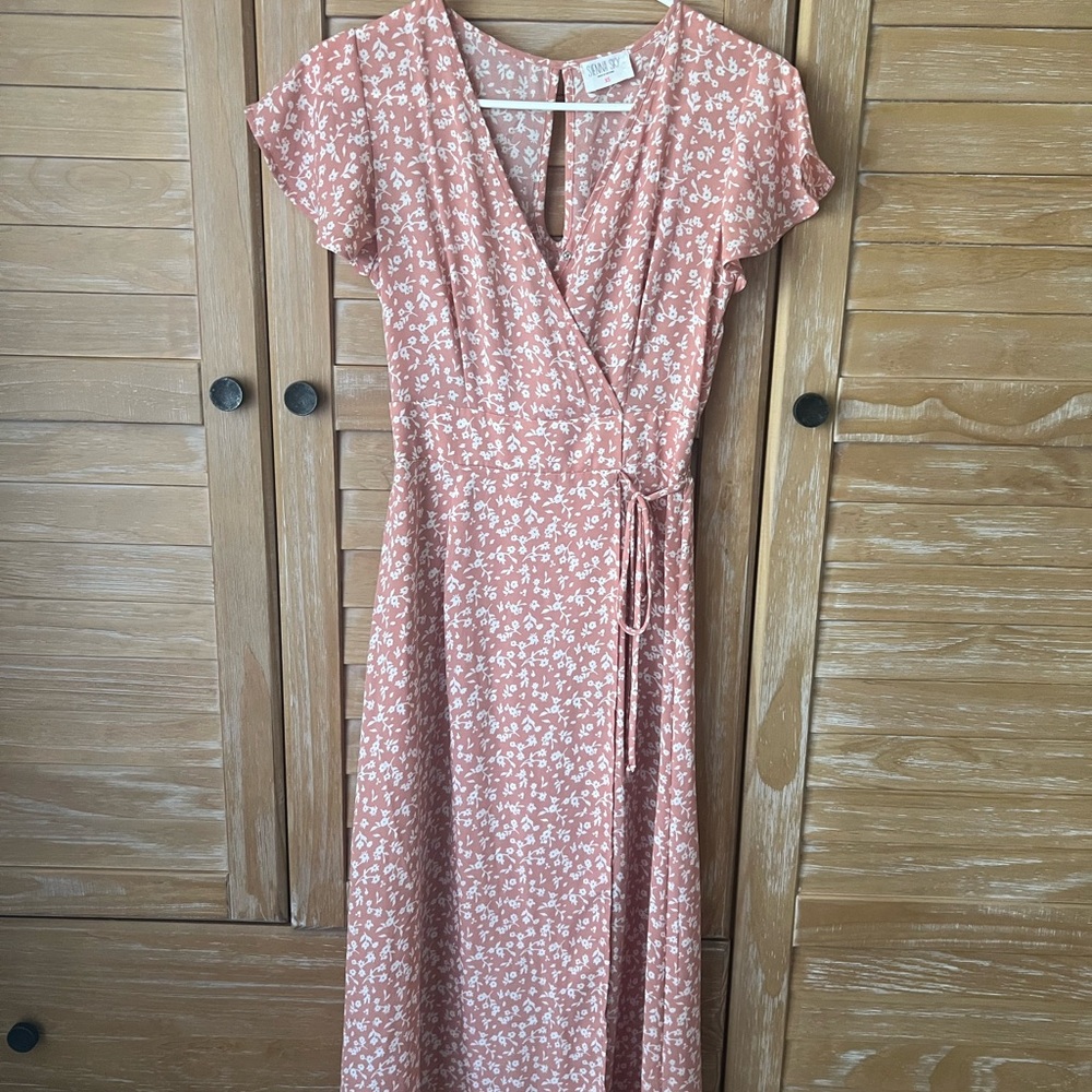 Sienna Sky Peach Color Floral Wrap Midi Dress